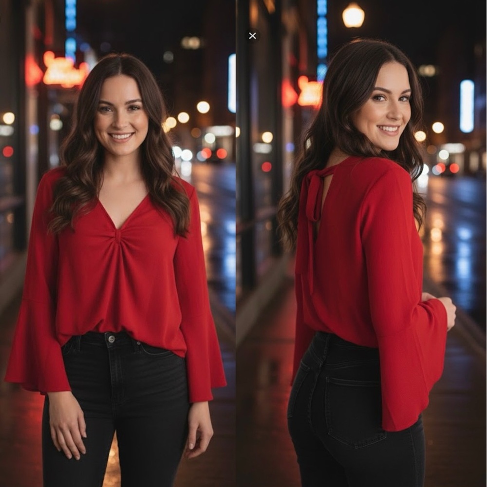 H&M Divided Bell Sleeve Tie Back Bright Red Blouse Top 8 Holidays & Valentines!